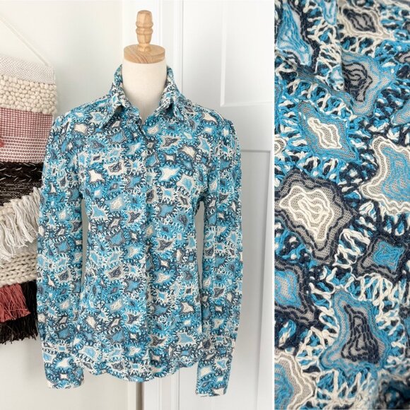 Moloh Embroidered Mesh Button Down Shirt Blue White Sz 14 - Picture 1 of 12